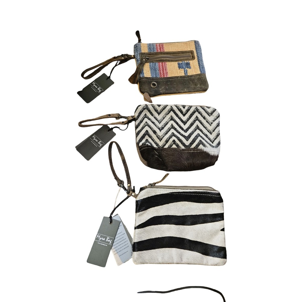 Myra Bag Wristlet Set 3 New Cowhide Leather Southwestern Zebra Chevron Pouches